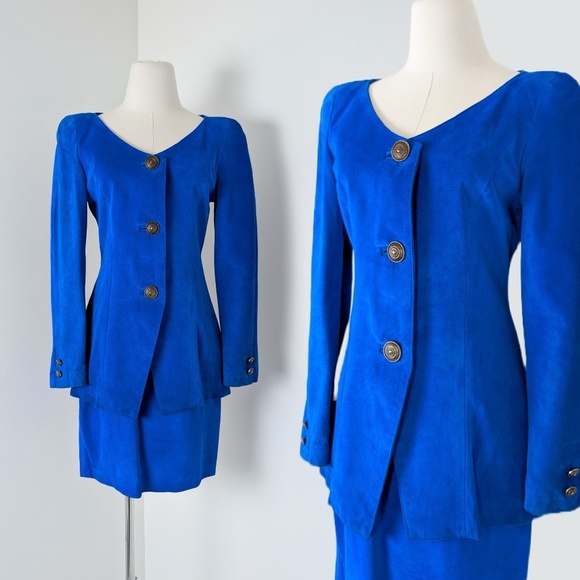Danier Dresses & Skirts - Danier Genuine Leather 2 Piece Skirt Set Suede Royal Blue Matching Pencil High